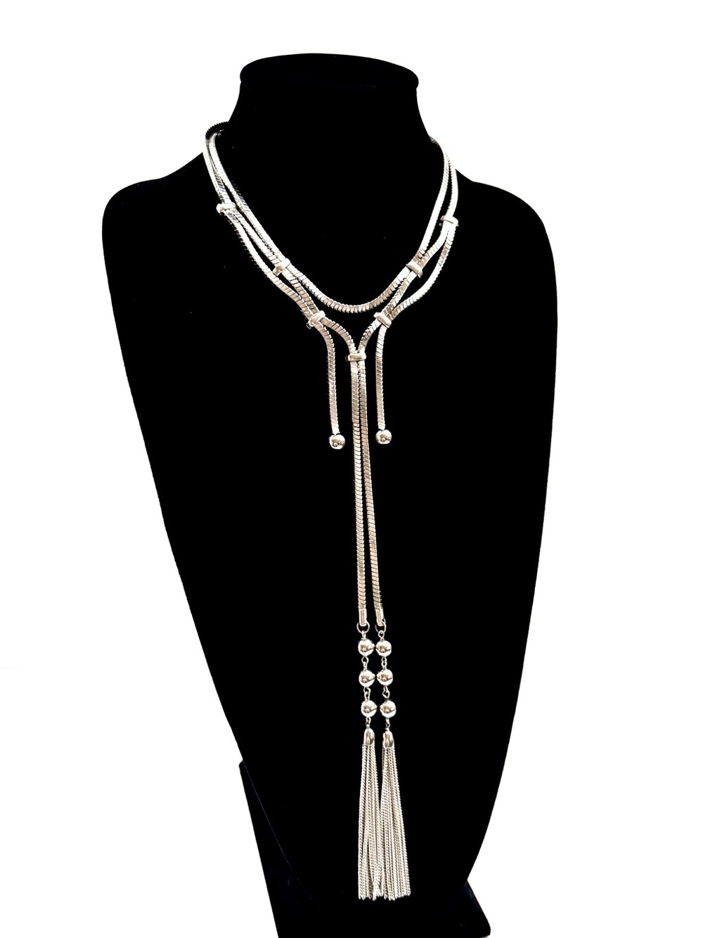 Chico’s Silver Layered Lariat Tassel Necklace 36” New - Picture 2 of 6